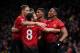 MANCHESTER, ENGLAND - OCTOBER 28: Anthony Martial celebrates with teammates Nemanja Matic, Marcus Rashford and Juan Mata after scoring his team's second goal during the Premier League match between Manchester United and Everton FC at Old Trafford on Octob