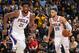 OAKLAND, CA - JANUARY 31: Ben Simmons #25 of the Philadelphia 76ers handles the ball while Joel Embiid #21 of the Philadelphia 76ers runs down the court during a game against the Golden State Warriors on January 31, 2019 at ORACLE Arena in Oakland, Califo