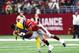 SAN ANTONIO, TEXAS - FEBRUARY 09: Shaan Washington #54 of the San Antonio Commanders sacks Mike Bercovici #11 of the San Diego Fleet during the first quarter in an Alliance of American Football game at the Alamodome on February 09, 2019 in San Antonio, Te