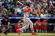 DENVER, CO - SEPTEMBER 30: Bryce Harper #34 of the Washington Nationals hits a ninth inning double against the Colorado Rockies at Coors Field on September 30, 2018 in Denver, Colorado. (Photo by Dustin Bradford/Getty Images)