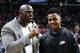 LOS ANGELES, CA - AUGUST 30: Los Angeles Sparks owner Ervin Magic Johnson chatting it up with Rookie point guard D'Angelo Russell of he Los Angeles Lakers at the San Antonio Stars vs Los Angeles Sparks during a WNBA game on August 30, 2015 in Los Angeles