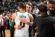 DALLAS, TX - NOVEMBER 24: Jayson Tatum #0 of the Boston Celtics and Luka Doncic #77 of the Dallas Mavericks hug after the game on November 24, 2018 at the American Airlines Center in Dallas, Texas. NOTE TO USER: User expressly acknowledges and agrees that