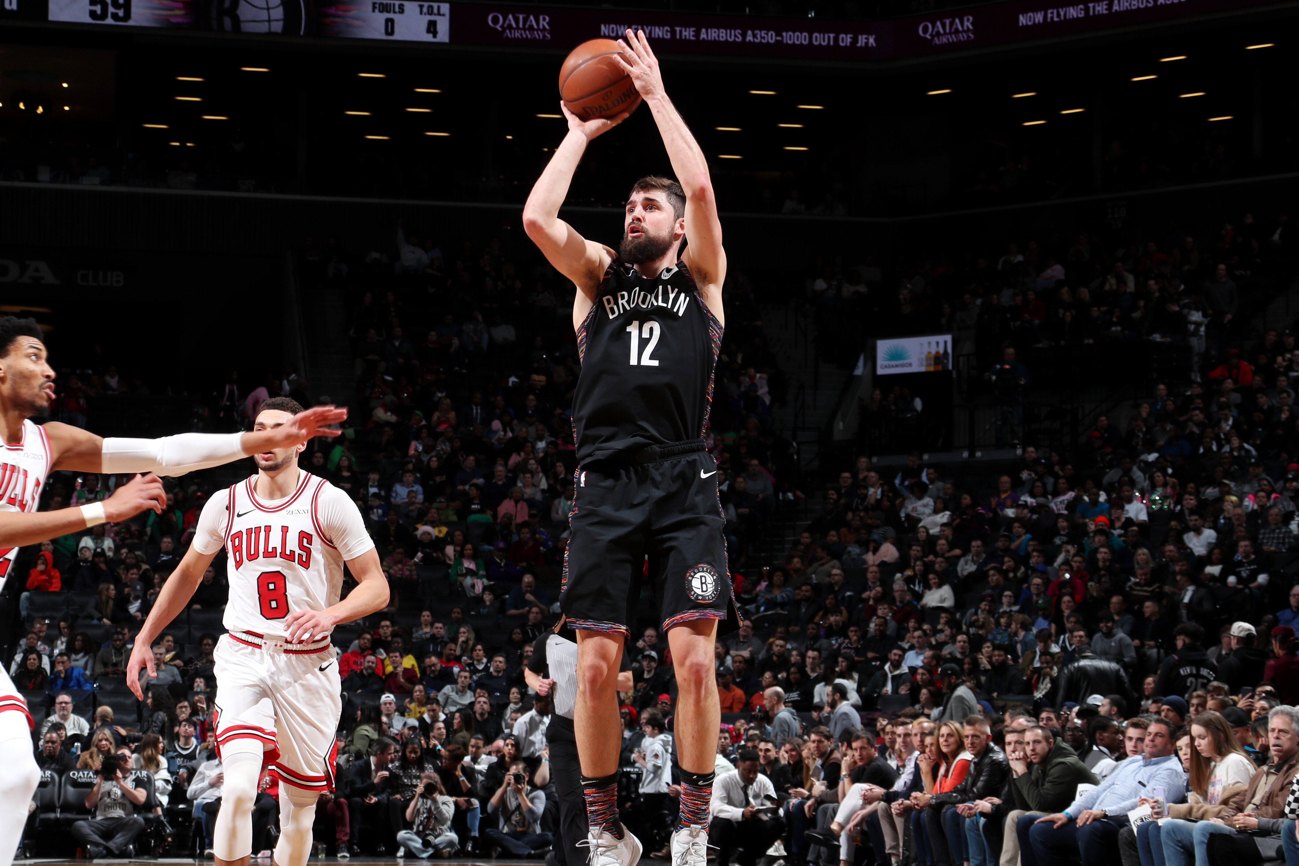 BROOKLYN, NY - FEBRUARY 8: Joe Harris #12 of the Brooklyn Nets shoots the ball against the Chicago Bulls on February 8, 2019 at Barclays Center in Brooklyn, New York. NOTE TO USER: User expressly acknowledges and agrees that, by downloading and or using 