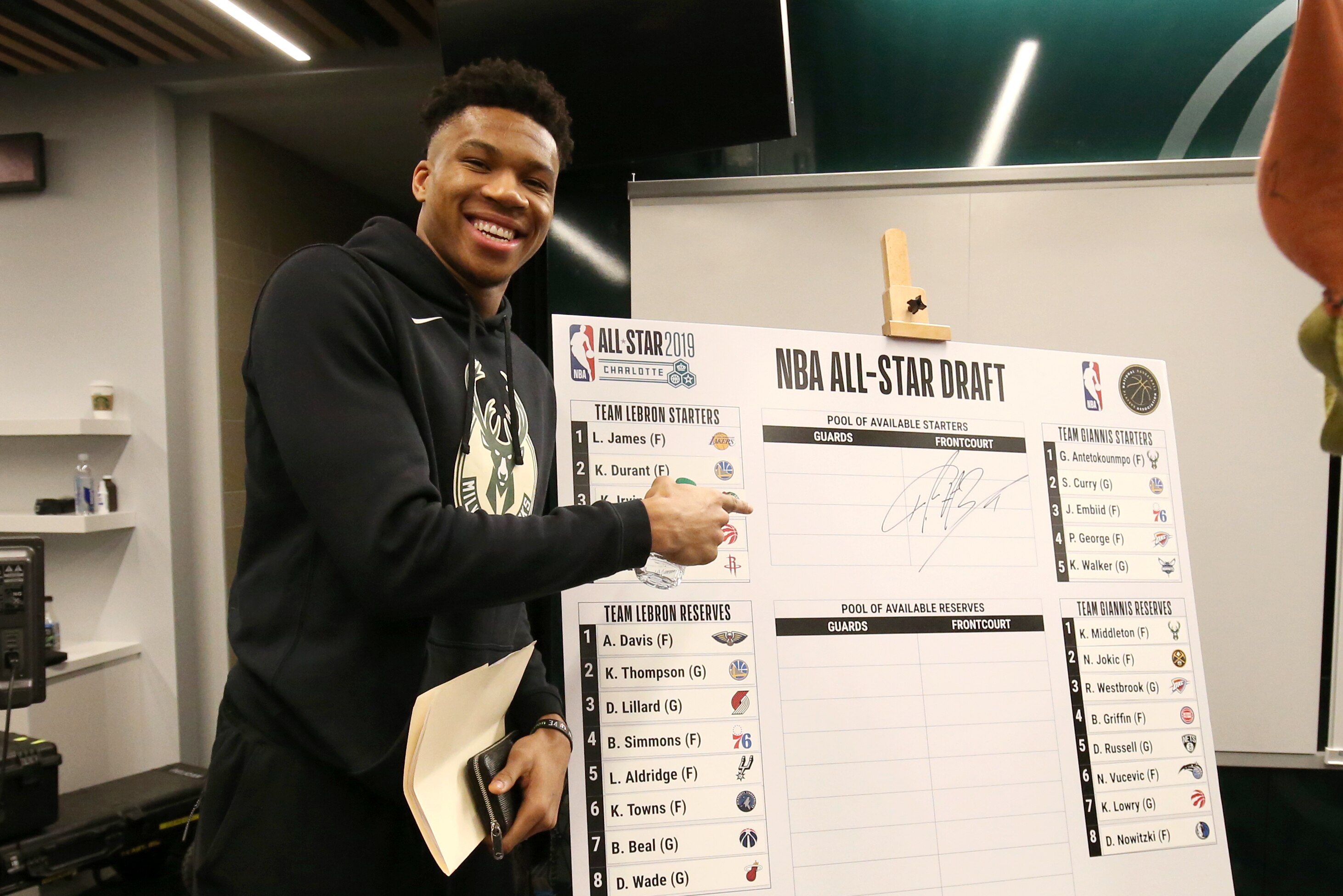 MILWAUKEE, WI - FEBRUARY 7: Giannis Antetokounmpo #34 of the Milwaukee Bucks presents his All-Star team during the 2019 All-Star Draft on February 7, 2019 at the Fiserv Forum Center in Milwaukee, Wisconsin. NOTE TO USER: User expressly acknowledges and a