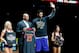 NEW ORLEANS, LA - FEBRUARY 08: Anthony Davis, No. 23 in the New Orleans pelicans, receives his NBA jearsy star from New Orleans Pelicans General Manager Del Demps during the match opponent of Utah Jazz at the Smoothie King Center on February 8, 2017 in New Orle