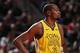 PORTLAND, OR - FEBRUARY 13: Kevin Durant #35 of the Golden State Warriors looks on during the game against the Portland Trail Blazers on February 13, 2019 at the Moda Center in Portland, Oregon. NOTE TO USER: User expressly acknowledges and agrees that, b
