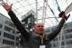MUNICH, GERMANY - JANUARY 24: Arjen Robben of Bayern Muenchen raises his arms in celebration during a promotional event at Airport Munich on January 24, 2019 in Munich, Germany. FC Bayern meets Audi e-tron: FC Bayern was one of the first Audi partners to