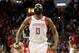 HOUSTON, TX - JANUARY 27: James Harden #13 of the Houston Rockets reacts in the fourth quarter against the Orlando Magic at Toyota Center on January 27, 2019 in Houston, Texas. NOTE TO USER: User expressly acknowledges and agrees that, by downloading an