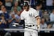 NEW YORK, NY - OCTOBER 09: (NEW YORK DAILIES OUT) Giancarlo Stanton #27 of the New York Yankees strikes out in the ninth inning against the Boston Red Sox in Game Four of the American League Division Series at Yankee Stadium on October 9, 2018 in the B