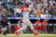 DENVER, CO - SEPTEMBER 30: Bryce Harper #34 of the Washington Nationals hits a ninth inning double against the Colorado Rockies at Coors Field on September 30, 2018 in Denver, Colorado. (Photo by Dustin Bradford/Getty Images)