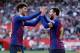 SEVILLA, SPAIN - FEBRUARY 23: Lionel Messi of FC Barcelona celebrates 2-3 with Carles Alena of FC Barcelona during the La Liga Santander match between Sevilla v FC Barcelona at the Estadio Ramon Sanchez Pizjuan on February 23, 2019 in Sevilla Spain (Pho