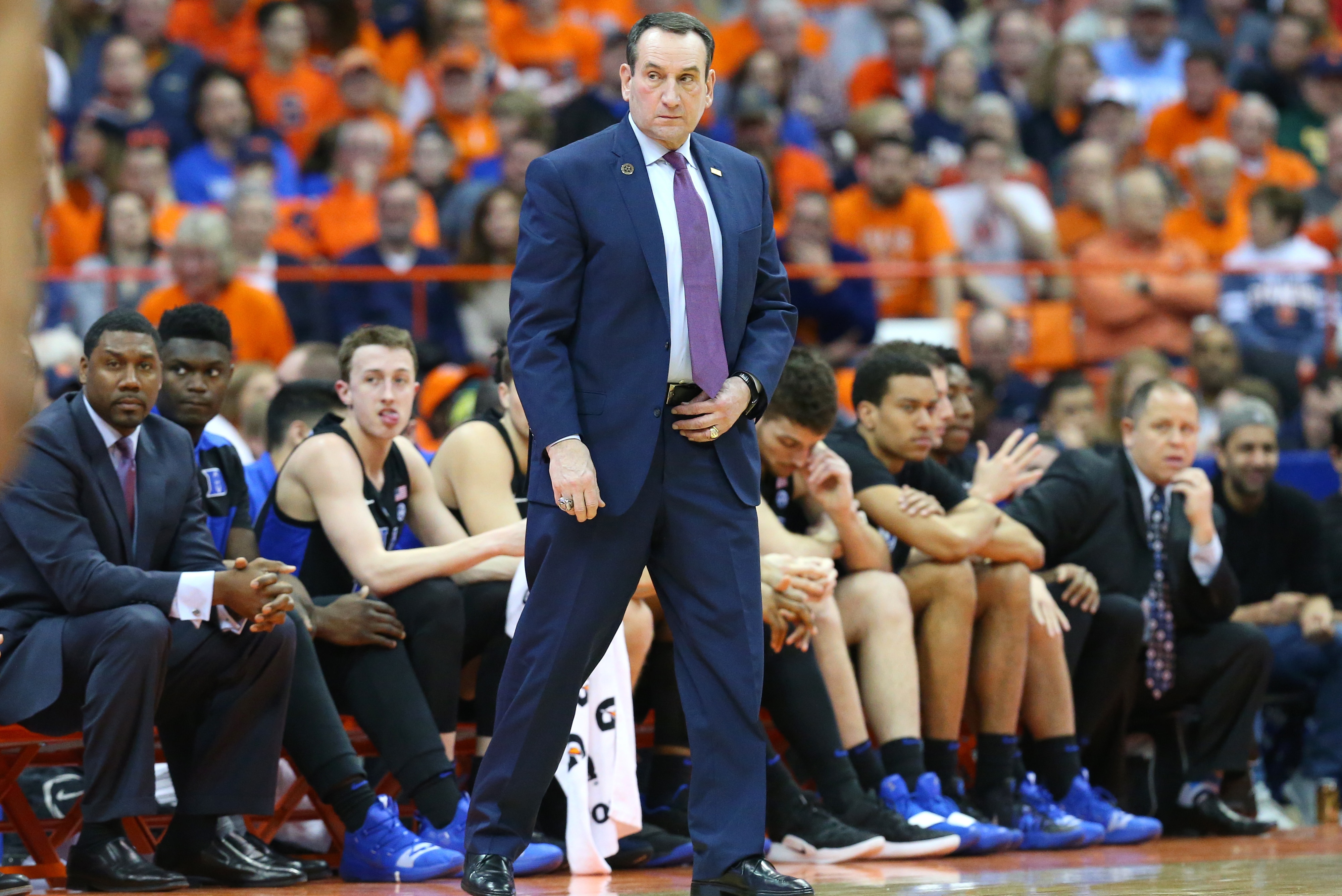 SYRACUSE, NY - FEBRUARY 23: Head coach Mike Krzyzewski of the Duke Blue Devils reacts to a play against the Syracuse Orange during the first half at the Carrier Dome on February 23, 2019 in Syracuse, New York. (Photo by Rich Barnes/Getty Images)
