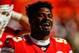 KANSAS CITY, MO - OCTOBER 28: Dee Ford #55 of the Kansas City Chiefs laughs on the sidelines prior to the game against the Denver Broncos at Arrowhead Stadium on October 28, 2018 in Kansas City, Missouri. (Photo by David Eulitt/Getty Images)