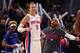 DETROIT, MICHIGAN - MARCH 06: Luke Kennard #5 of the Detroit Pistons celebrates a second half three point basket with Bruce Brown #6 while playing the Minnesota Timberwolves at Little Caesars Arena on March 06, 2019 in Detroit, Michigan. Detroit won the