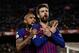 BARCELONA, SPAIN - MARCH 9: Gerard Pique of FC Barcelona, celebrate his goal the 1-1 with Arturo Vidal of FC Barcelona during the La Liga Santander match between FC Barcelona v Rayo Vallecano at the Camp Nou on March 9, 2019 in Barcelona Spain (Photo by