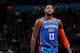 OKLAHOMA CITY, OK- MARCH 13: Paul George #13 of the Oklahoma City Thunder looks on during the game against the Brooklyn Nets on March 13, 2019 at Chesapeake Energy Arena in Oklahoma City, Oklahoma. NOTE TO USER: User expressly acknowledges and agrees that