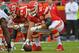 KANSAS CITY, MO - SEPTEMBER 17: Center Mitch Morse #61 of the Kansas City Chiefs gets set on the line against the Philadelphia Eagles during the second half on September 17, 2017 at Arrowhead Stadium in Kansas City, Missouri. (Photo by Peter G. Aiken/Ge