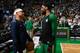 BOSTON, MA - MARCH 18: Isaiah Thomas #0 of the Denver Nuggets and Kyrie Irving #11 of the Boston Celtics chat before the game thon March 18, 2019 at the TD Garden in Boston, Massachusetts. NOTE TO USER: User expressly acknowledges and agrees that, by do