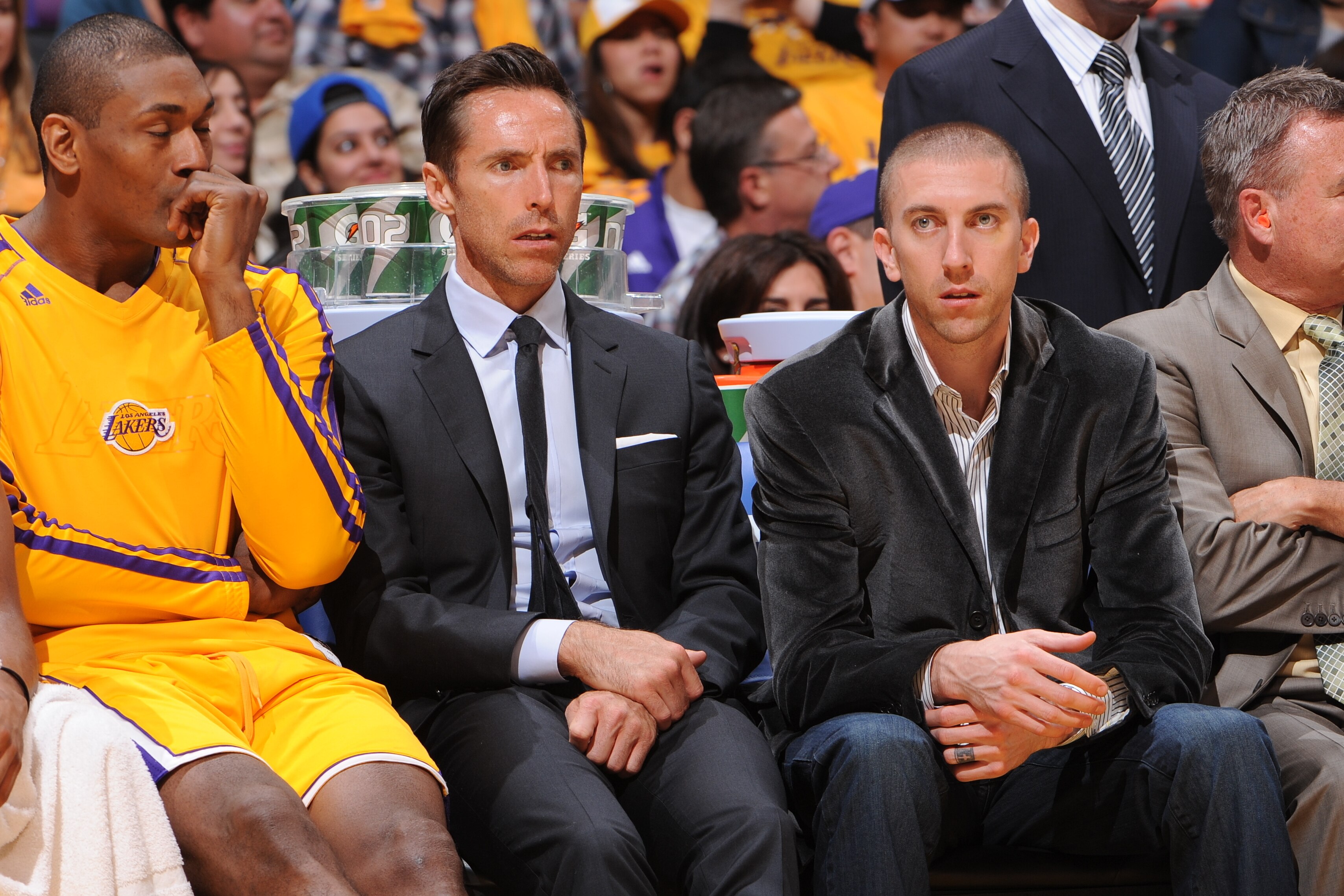 LOS ANGELES, CA - APRIL 26: Darius Morris #1, Metta World Peace #15, Steve Nash #10 and Steve Blake #5 of the Los Angeles Lakers sit on the bench during the game against the San Antonio Spurs at Staples Center in Game Three of the Western Conference Quar