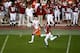 SANTA CLARA, CALIFORNIA - JANUARY 07: Justyn Ross #8 of the Clemson Tigers catches a pass against Josh Jobe #28 of the Alabama Crimson Tide during the third quarter in the College Football Playoff National Championship at Levi's Stadium on January 07, 201