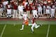 SANTA CLARA, CALIFORNIA - JANUARY 07: Justyn Ross #8 of the Clemson Tigers catches a pass against Josh Jobe #28 of the Alabama Crimson Tide during the third quarter in the College Football Playoff National Championship at Levi's Stadium on January 07, 201