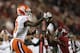 SANTA CLARA, CA - JANUARY 07:  Justyn Ross #8 of the Clemson Tigers makes a catch against Josh Jobe #28 of the Alabama Crimson Tide during the third quarter in the CFP National Championship presented by AT&T at Levi's Stadium on January 7, 2019 in Santa C