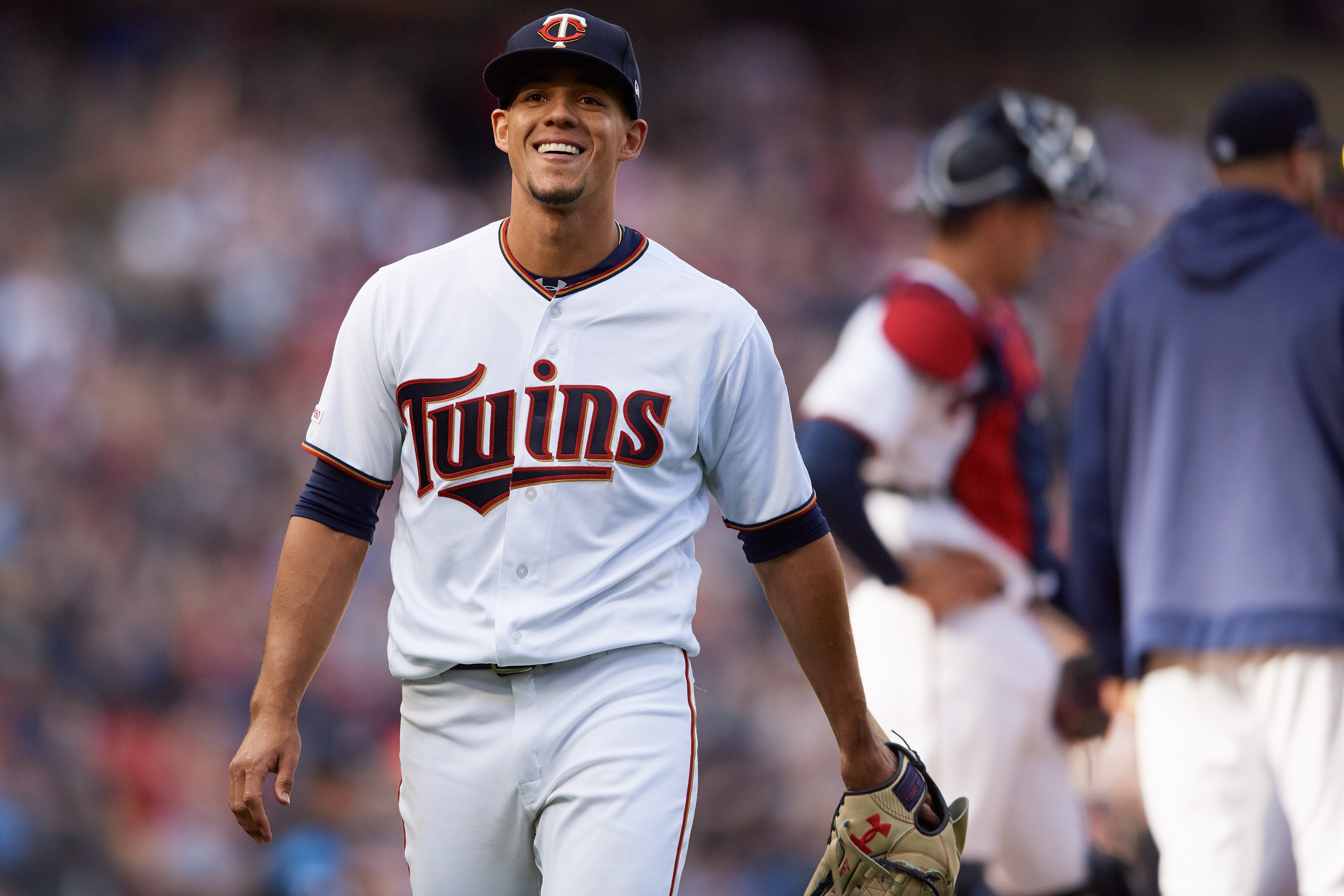 MINNEAPOLIS, MN - MARCH 28: Jose Berrios #17 of the Minnesota Twins celebrates as he leaves the mound during the Opening Day game against the Cleveland Indians on March 28, 2019 at Target Field in Minneapolis, Minnesota. The Twins defeated the Indians 2-0
