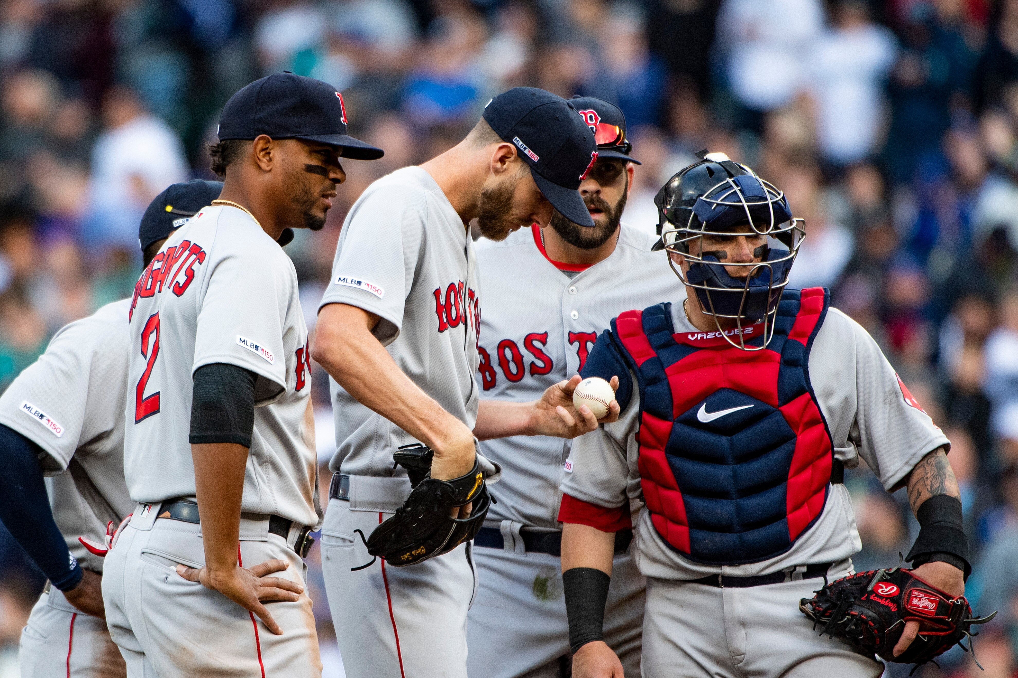 SEATTLE, WA - MARCH 28: Chris Sale #41 of the Boston Red Sox reacts during the third inning of the 2019 Opening day game against the Seattle Mariners at T-Mobile Park on March 28, 2019 in Seattle, Washington. (Photo by Billie Weiss/Boston Red Sox/Getty Im
