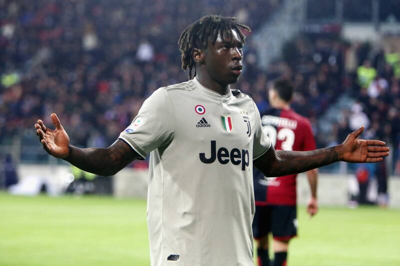 CAGLIARI, ITALY - APRIL 02: Moise Kean of Juventus celebrates his goal 0-2 during the Serie A match between Cagliari and Juventus at Sardegna Arena on April 2, 2019 in Cagliari, Italy. (Photo by Enrico Locci/Getty Images)