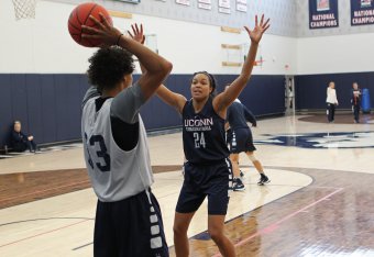 MANSFIELD, CT - MARCH 31: Napheesa Collier #24 of the Connecticut Huskies defends an inbound pass during an All-Access practice on March 31, 2016 at the UCONN Basketball Champion Center in Mansfield, Connecticut. NOTE TO USER: User expressly acknowledges