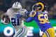 Dallas Cowboys running back Ezekiel Elliott throws a stiff-arm on Los Angeles Rams linebacker Cory Littleton.