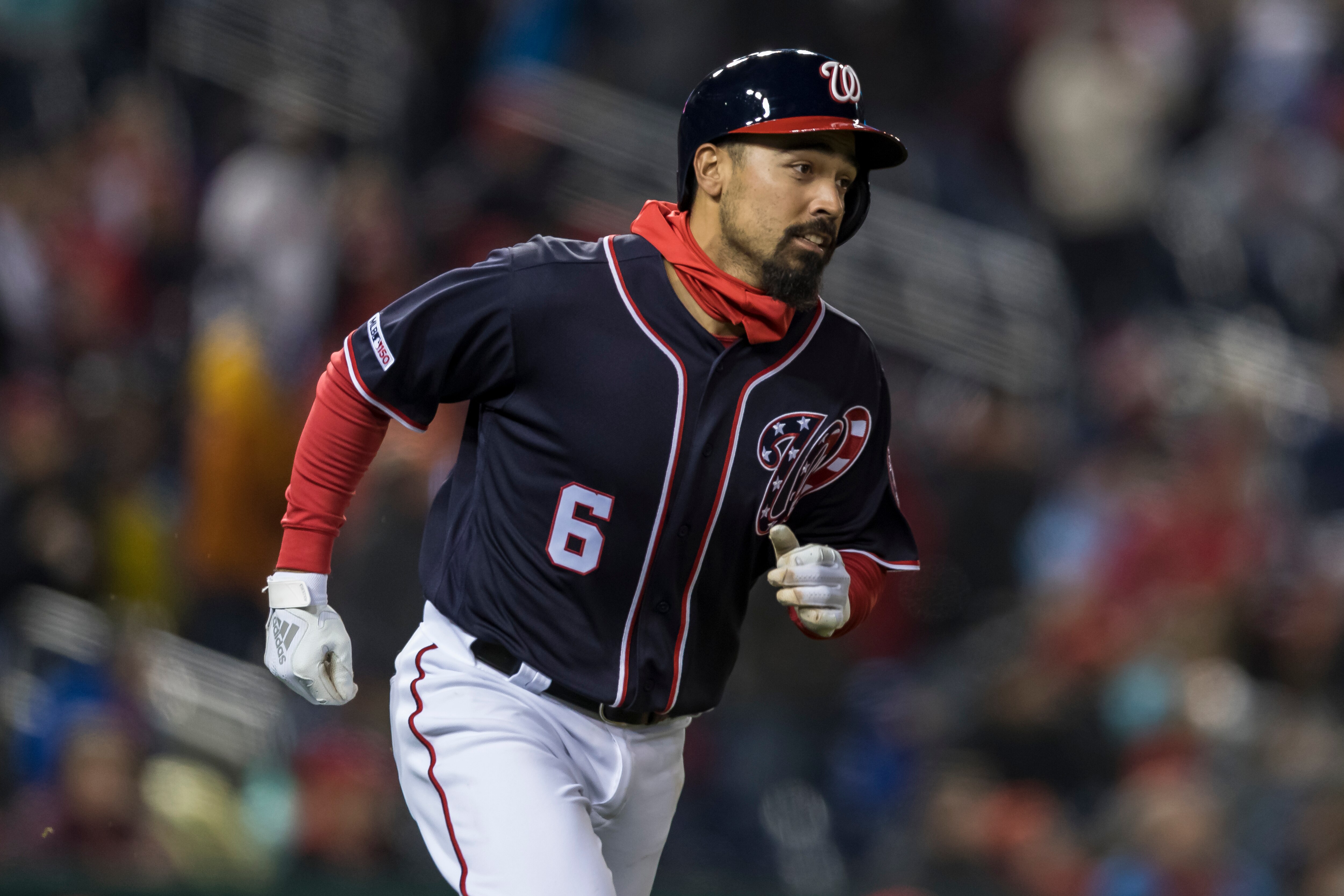 WASHINGTON, DC - April 02: Anthony Rendon #6 of the Washington Nationals hits a two run home run against the Philadelphia Phillies during the sixth inning at Nationals Park on April 2, 2019 in Washington, DC.  (Photo by Scott Taetsch/Getty Images)