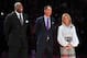 LOS ANGELES, CA - DECEMBER 18: (L-R) Magic Johnson, Rob Pelinka and Jeanie Buss attend Kobe Bryant's jersey retirement ceremony during a basketball game between the Los Angeles Lakers and the Golden State Warriors at Staples Center on December 18, 2017 in