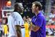 LAS VEGAS, NV - JULY 10: Head coach Luke Walton of the Los Angeles Lakers talks with Los Angeles Lakers president of basketball operations Earvin 'Magic' Johnson during the 2018 NBA Summer League at the Thomas & Mack Center on July 10, 2018 in Las Vegas,