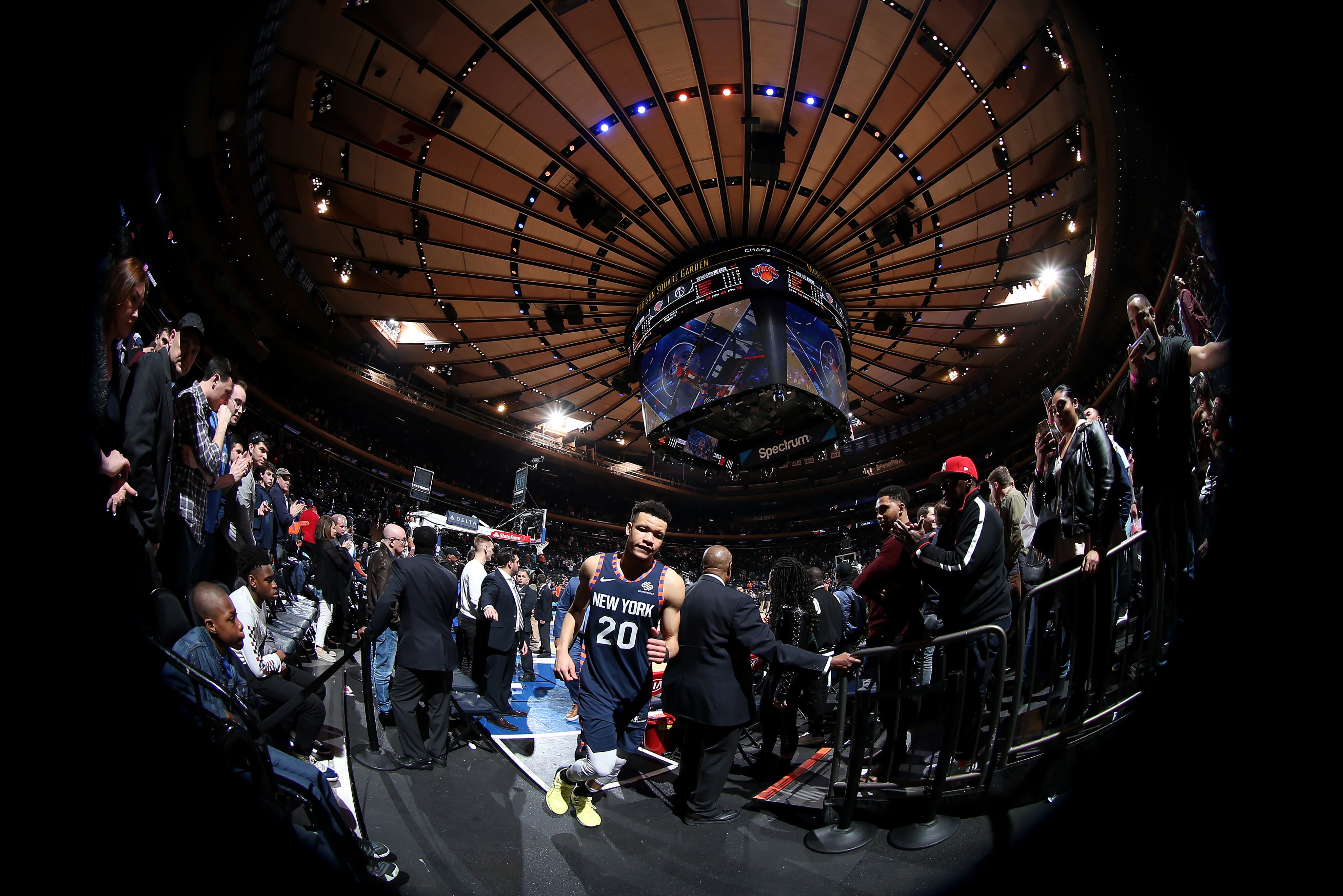 NEW YORK, NY - APRIL 7: Kevin Knox #20 of the New York Knicks walks off the court against the Washington Wizards on April 7, 2019 at Madison Square Garden in New York City, New York. NOTE TO USER: User expressly acknowledges and agrees that, by downloadin