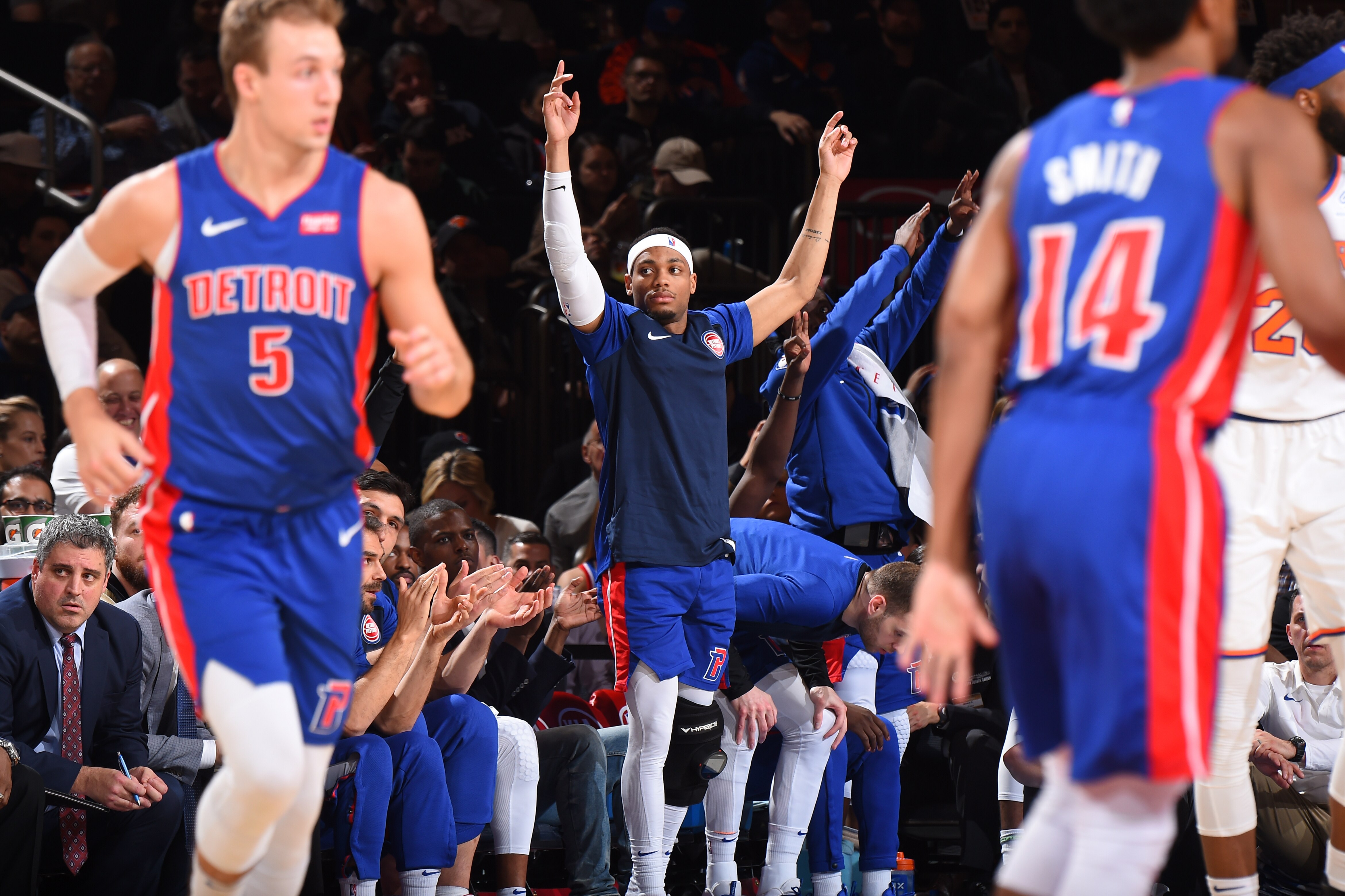 NEW YORK, NY - APRIL 10: Bruce Brown #6 of the Detroit Pistons reacts to a play during the game against the New York Knicks on April 10, 2019 at Madison Square Garden in New York City, New York. NOTE TO USER: User expressly acknowledges and agrees that, b