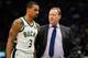 MILWAUKEE, WISCONSIN - APRIL 06: Mike Budenholzer of the Milwaukee Bucks discusses with George Hill #3 of the Milwaukee Bucks in the first half against the Brooklyn Nets at Fiserv Forum on April 06, 2019 in Milwaukee, Wisconsin. NOTE TO USER: User expre