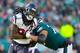 PHILADELPHIA, PA - DECEMBER 23: Jadeveon Clowney #90 of the Houston Texans rushes the passer against Halapoulivaati Vaitai #72 of the Philadelphia Eagles at Lincoln Financial Field on December 23, 2018 in Philadelphia, Pennsylvania. The Eagles defeated th