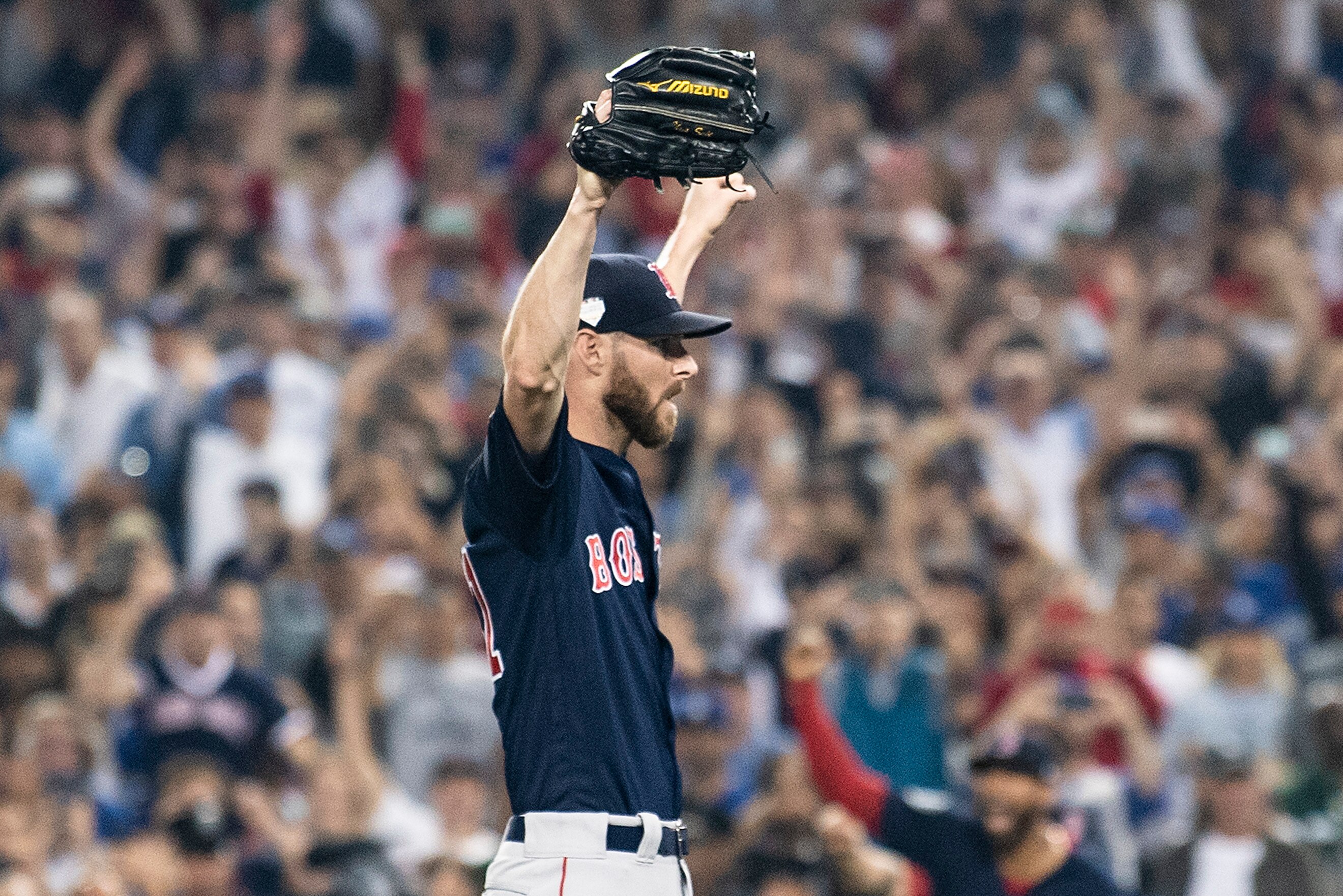 LOS ANGELES, CA - OCTOBER 28: Chris Sale #41 of the Boston Red Sox reacts after the final out was recorded to win the 2018 World Series in game five against the Los Angeles Dodgers on October 28, 2018 at Dodger Stadium in Los Angeles, California. (Photo b