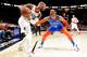PORTLAND, OR - APRIL 14: Damian Lillard #0 of the Portland Trail Blazers looks to gets past Russell Westbrook #0 of the Oklahoma City Thunder during the first quarter of the game at Moda Center on April 14, 2019 in Portland, Oregon. (Photo by Steve Dykes