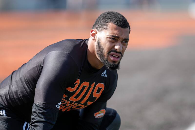 MOBILE, AL - JANUARY 26: Defensive End Montez Sweat #9 of Mississippi State of the South Team warms up before the start of the 2019 Resse's Senior Bowl at Ladd-Peebles Stadium on January 26, 2019 in Mobile, Alabama. The North defeated the South 34 to 24.