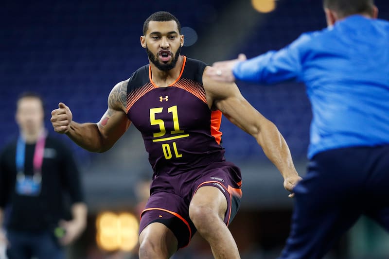 INDIANAPOLIS, IN - MARCH 03: Defensive lineman Montez Sweat of Mississippi State works out during day four of the NFL Combine at Lucas Oil Stadium on March 3, 2019 in Indianapolis, Indiana. (Photo by Joe Robbins/Getty Images)