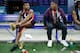 INDIANAPOLIS, IN - MARCH 01: Running backs Damien Harris (left) and Josh Jacobs (right) of Alabama look on during day two of the NFL Combine at Lucas Oil Stadium on March 1, 2019 in Indianapolis, Indiana. (Photo by Joe Robbins/Getty Images)