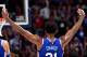 PHILADELPHIA, PA - April 23: Joel Embiid #21 of the Philadelphia 76ers reacts during a game against the Brooklyn Nets during Round One Game Five of the 2019 NBA Playoffs on April 23, 2019 at the Wells Fargo Center in Philadelphia, Pennsylvania NOTE TO USE