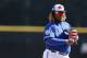 DUNEDIN, FLORIDA - MARCH 06: Vladimir Guerrero Jr. #27 of the Toronto Blue Jays in action against the Philadelphia Phillies during the Grapefruit League spring training game at Dunedin Stadium on March 06, 2019 in Dunedin, Florida. (Photo by Michael Reav