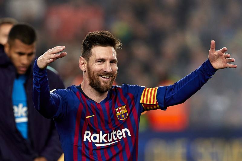 BARCELONA, SPAIN - APRIL 27: Lionel Messi of FC Barcelona during the celebration after the victory in the La Liga match between FC Barcelona and Levante UD at Camp Nou on April 27, 2019 in Barcelona, Spain. (Photo by Quality Sport Images/Getty Images)
