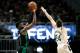 MILWAUKEE, WISCONSIN - APRIL 28: Jaylen Brown #7 of the Boston Celtics attempts a shot while being guarded by Pat Connaughton #24 of the Milwaukee Bucks in the fourth quarter during Game One of Round Two of the 2019 NBA Playoffs at the Fiserv Forum on Ap