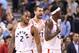 TORONTO, ON - APRIL 07: Kawhi Leonard #2 of the Toronto Raptors and Marc Gasol #3 and Pascal Siakam #43 get ready against the Miami Heat at Scotiabank Arena on April 7, 2019 in Toronto, Canada. NOTE TO USER: User expressly acknowledges and agrees that, by