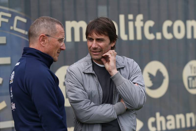 EMPOLI, ITALY - MAY 01: Aurelio Andreazzoli manager of Empoli FC and Antonio Conte watch an Empoli FC training session on April 30, 2019 in Empoli, Italy.  (Photo by Gabriele Maltinti/Getty Images)