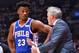 TORONTO, CANADA - MAY 7: Jimmy Butler #23 of the Philadelphia 76ers and Head Coach Brett Brown of the Philadelphia 76ers talk during a game against the Toronto Raptors during Game Five of the Eastern Conference Semifinals on May 7, 2019 at the Scotiabank
